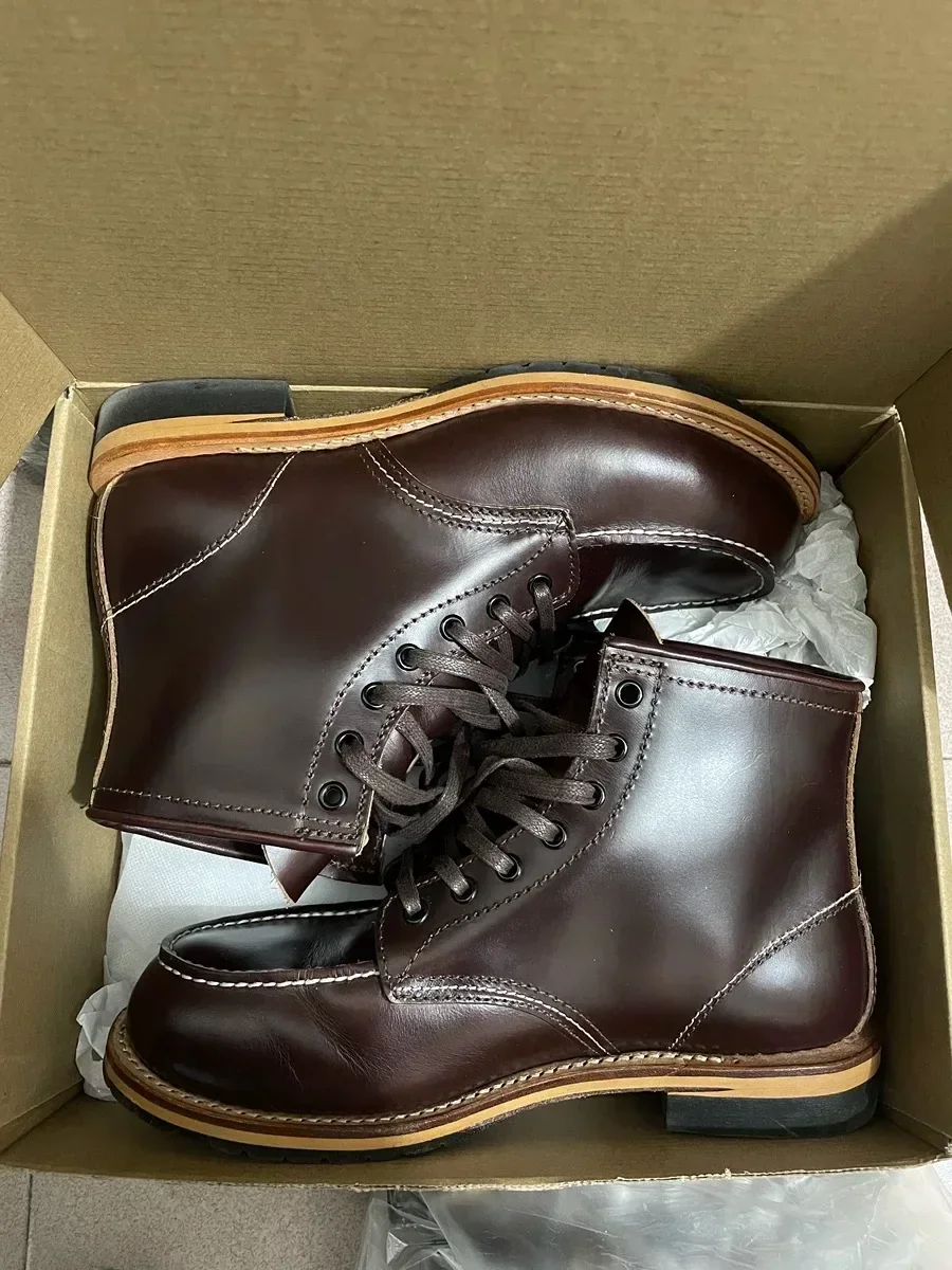 Vintage wysokiej jakości ręcznie robione buty męskie Goodyear-szwy ze skóry bydlęcej okrągłe Toe buty na koturnie botki oprzyrządowanie buty motocyklowe