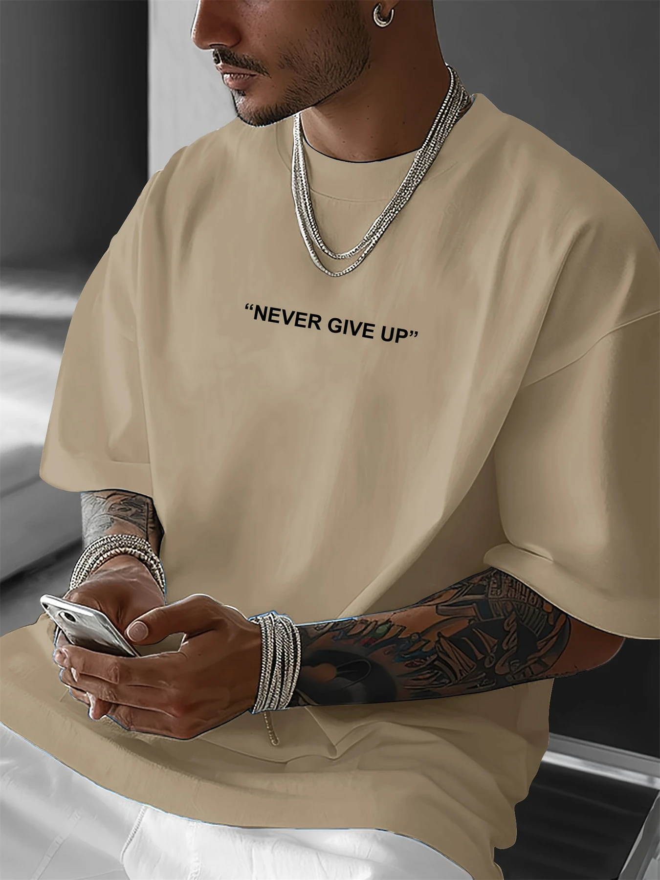 Men's summer 100 cotton fashionable casual loose plus size never give up graphic printed sports round neck short sleeved T-shirt image 6