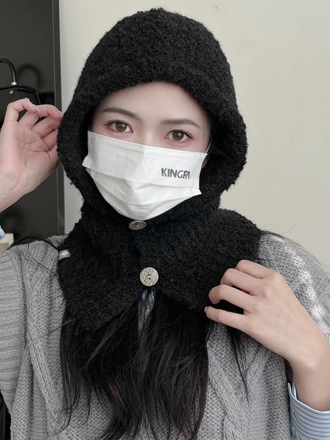 Fashion Balaclava Knit Alpaca Wool Hat Scarf Women Men Autumn Winter Buttons Cap Neckerchief Set Soft Warm Hood