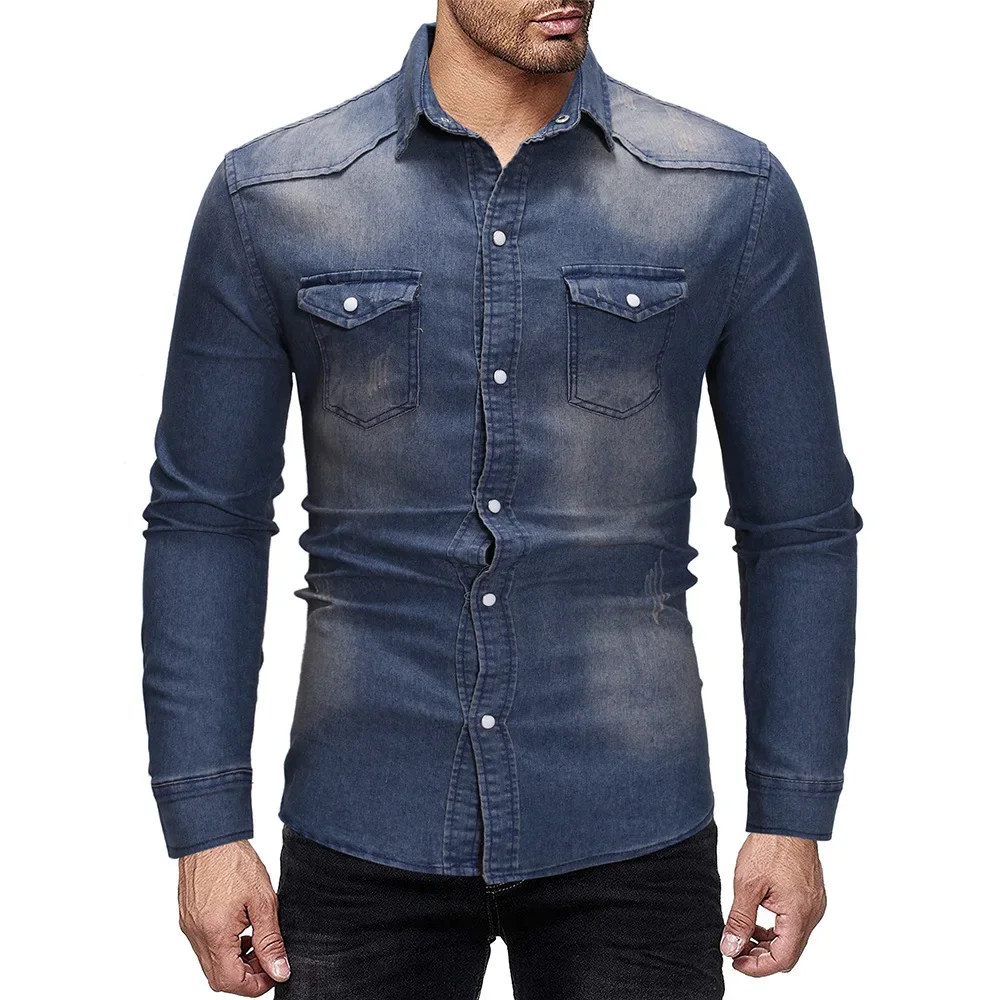 Men Denim Shirt Cotton Jeans Overshirt Slim Fit Long Sleeve Stylish Gray Washed Cowboy Shirts Tops M-3Xl