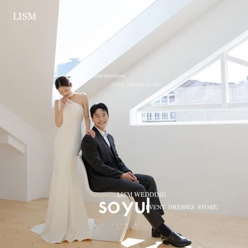 LISM-Halter vestido de noiva sereia, um ombro vestido nupcial sem mangas, cetim macio vestidos nupciais, Coreia Photoshoot, simples