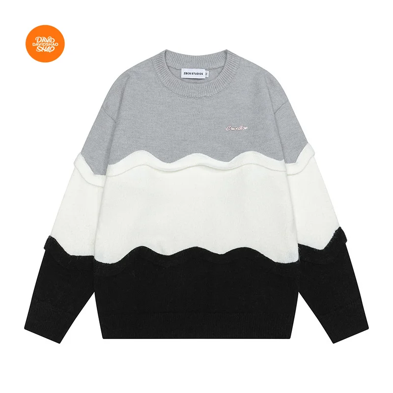 

DAVIDSHAO EU US Size Top Quality Street Outdoor Wear Luxury Unisex Retro Black White Gray Color Block Round Neck Sweater