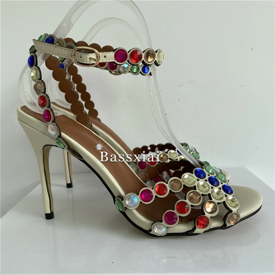 Luxury Colorful Diamond Ankle Strap Sandals Women Jeweled Rhinestone Narrow Band Open Toe Thin High Heel Summer Shoes