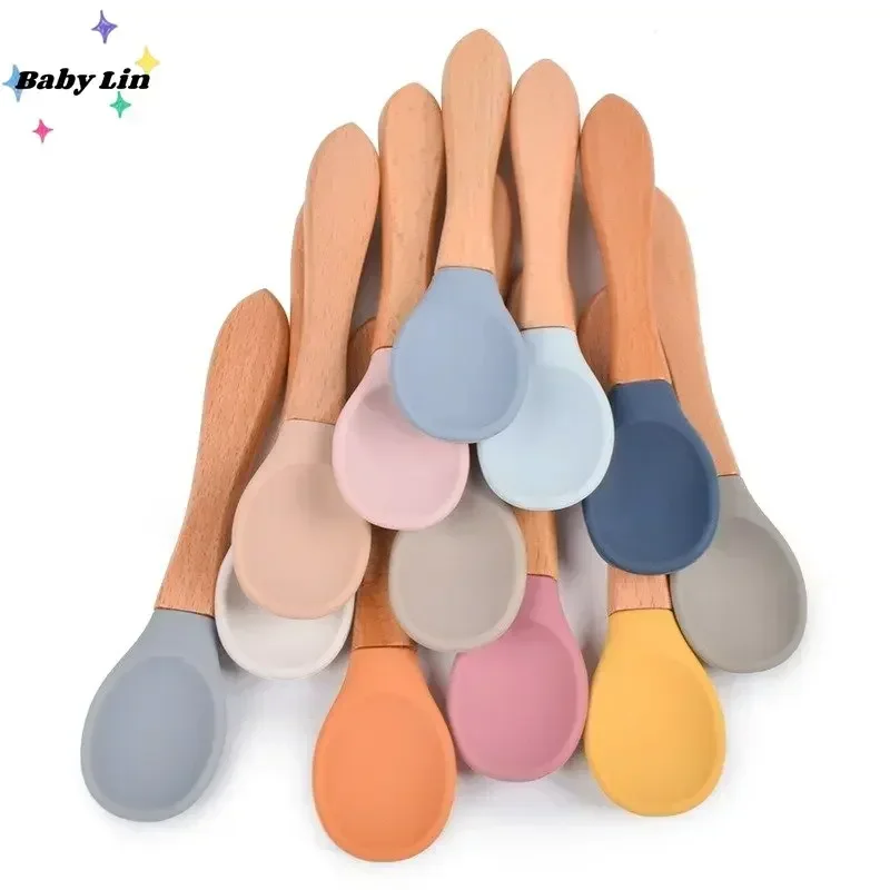 Baby Soft Silicone Spoon Candy Color Safety Baby‘ Learning Wood ‘Spoon Non-Slip Spoon’ Children Kids Boy Girl Food Feeding Tools