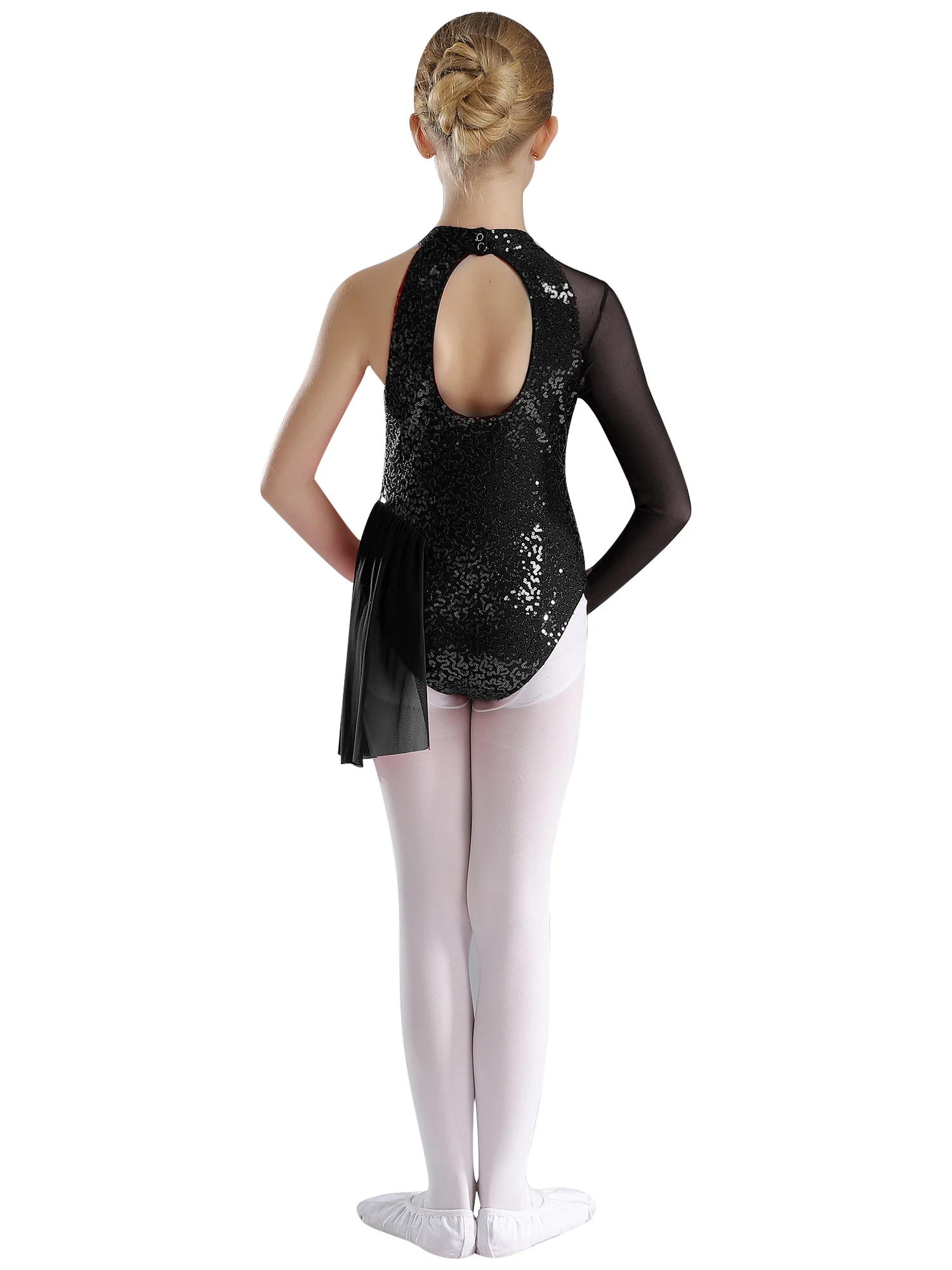 Kids Girls Figure Skating Ballet Jersey Leotard Costume for Tango Chacha Latin Dancing Glittery Bodysuit Sheer Mesh Jumpsuit