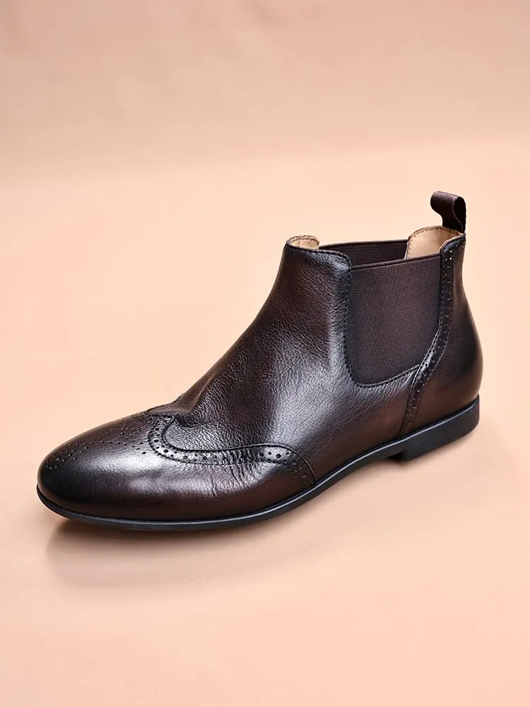 Genuine Leather Men Chelsea Boots Brogue Wingtip Details Elastic Side Slip-On Business Ankle Boots Casual Dress Footwear
