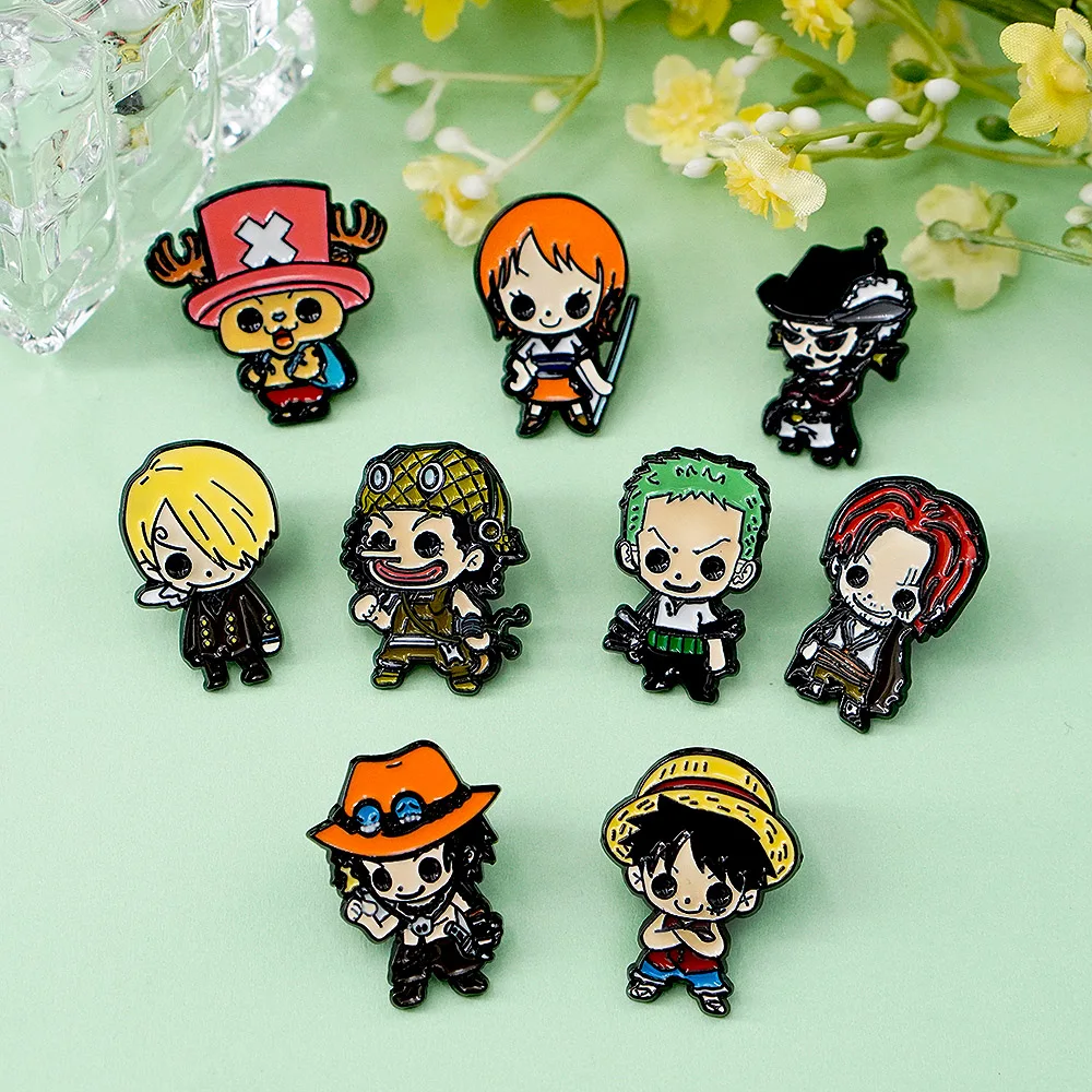 9Pcs One Piece Anime Enamel Pins Set, Cute Luffy Zoro Nami Chopper Ace Shanks Brooches for Backpack Fans Gift