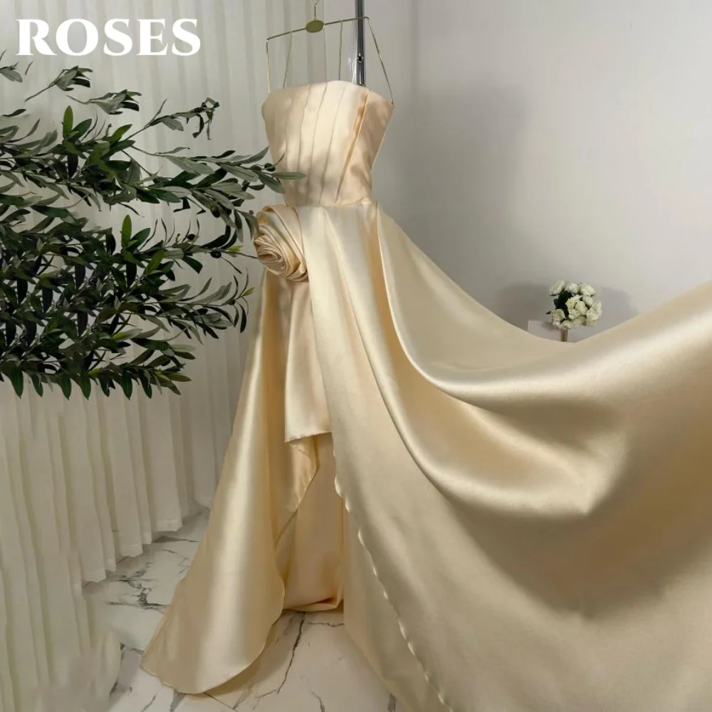 

ROSES Вечернее платье без бретелек цвета шампанского с 3D-цветком, платье трапециевидной формы для выпускного вечера, вечернее платье с разрезом и складками, robe de bal, по индивидуальному заказу