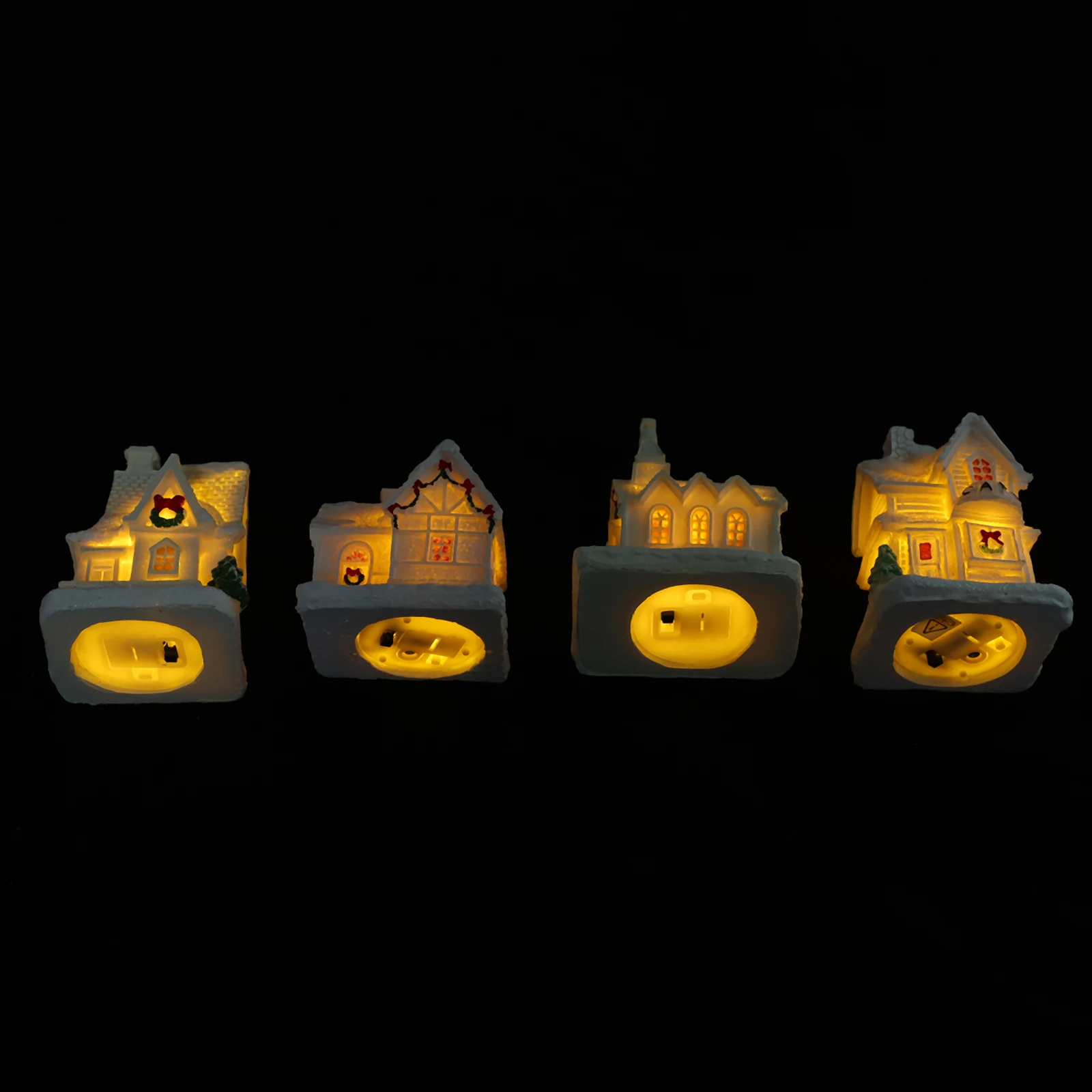 

4Pcs Mini Christmas Village Houses Illuminated Resin Decorations for Tabletop Shelf Bonsai Terrarium Winter Holiday Display