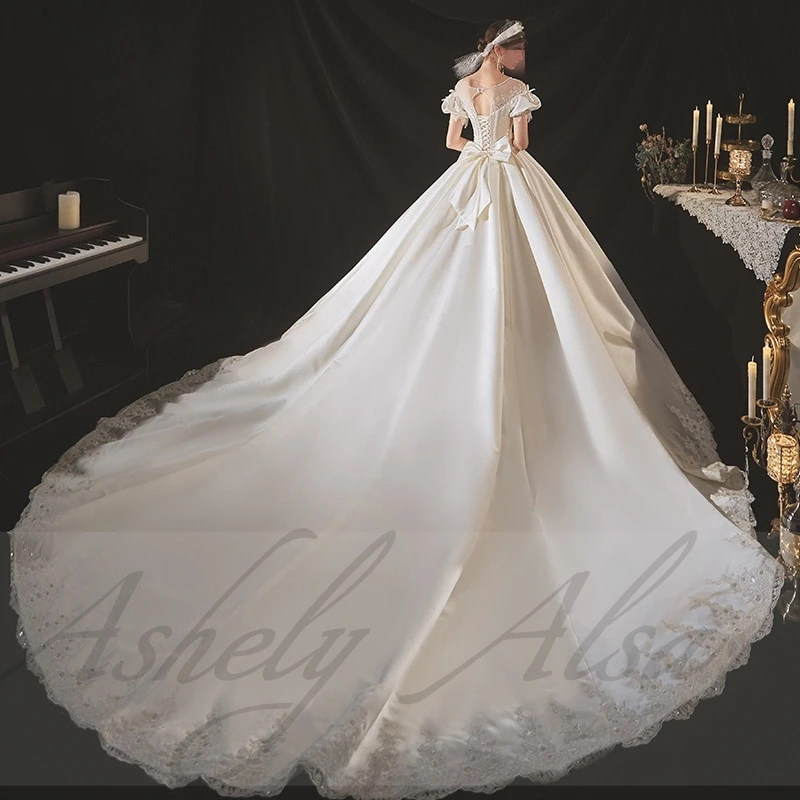 Customized Princess Wedding Dresses Short Sleeve O-Neck Lace Ruched Satin Puffy Ball Gown Bride Bridal Gown vestido de casamento