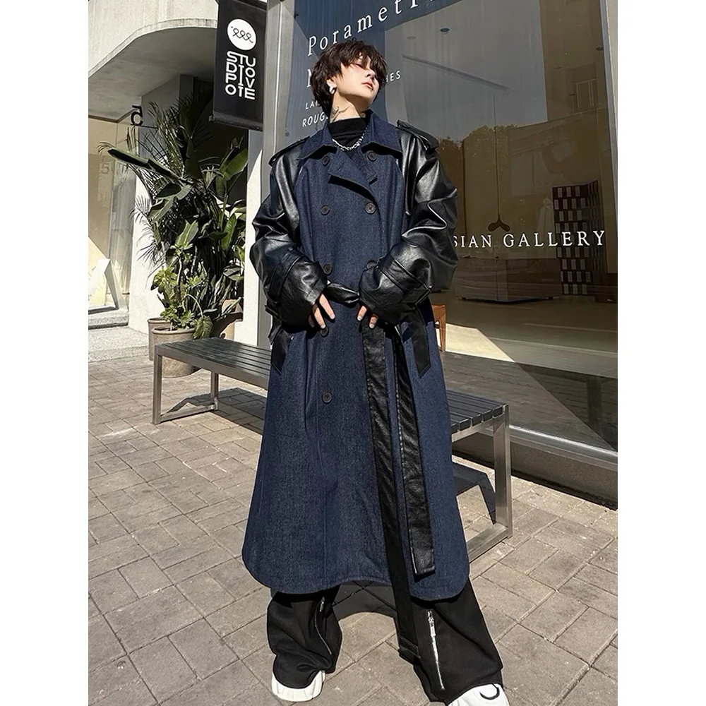 Double Breasted Denim Splice Leather Long Windbreaker Jacket Men Mid Loose Casual Korean Streetwear Trench Coat Outerwear