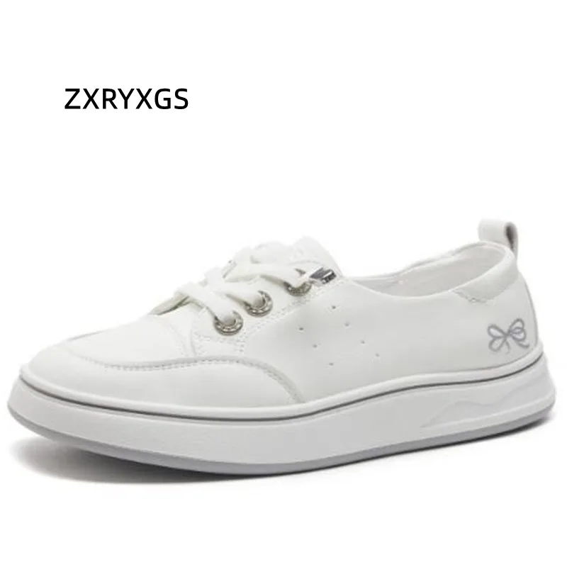 ZXRYXGS Lace-up Genuine Leather White Shoes Leisure Sneakers 2024 Popular Versatile Light Comfortable Women Shoes Flat Sneakers