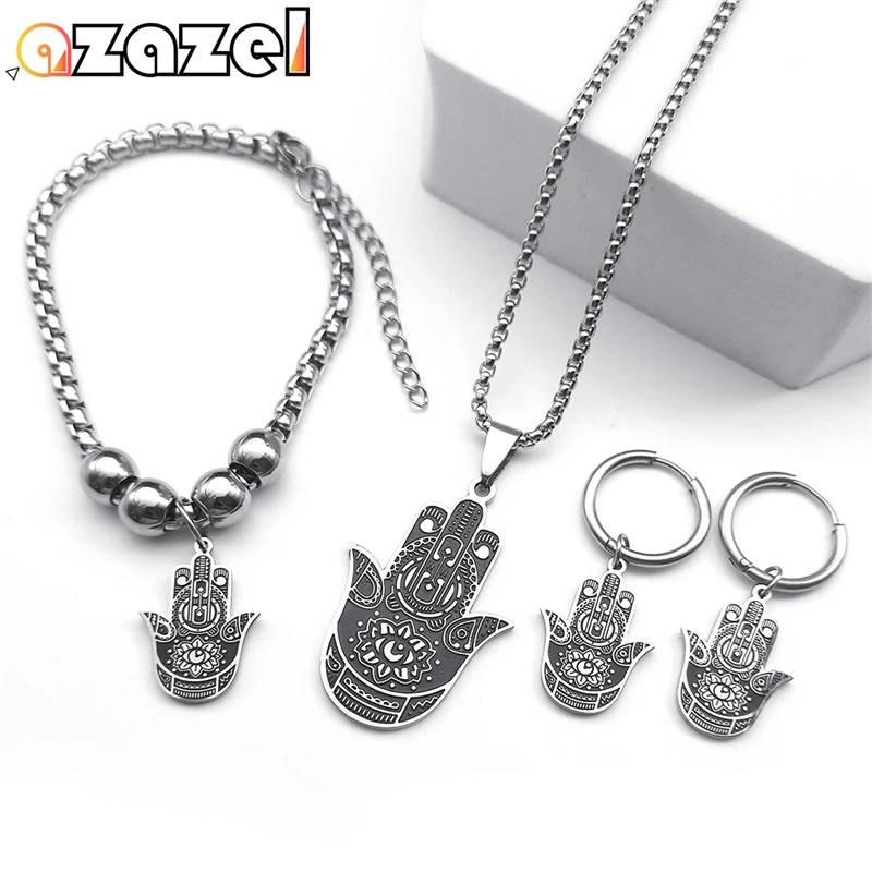 

Stainless Steel Jewelry Set Women Men Hamsa Hand of Fatima Turkish Eye Necklaces Earrings Bracelet Jewelry conjuntos de joyas