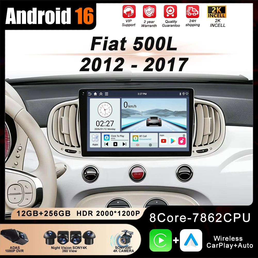 Android 16 For Fiat 500L 2012 - 2017 Car Radio Multimedia Video Player Navigation GPS Auto Carplay QLED Touch Screen No 2Din DVD