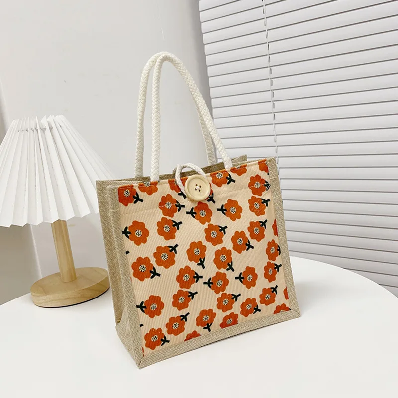 Bolsa de linho estilo japonês feminino, bolsa para presente, estampa de flores, compras, praia, portátil, casual, verão, moda