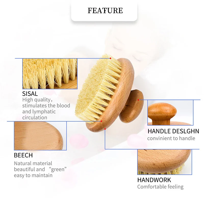 Sisal Bristles Round Bath Shower Body Exfoliating Brush Natural Beech Wood Handle Dead Skin Remover Back Scrubber Massage Tool