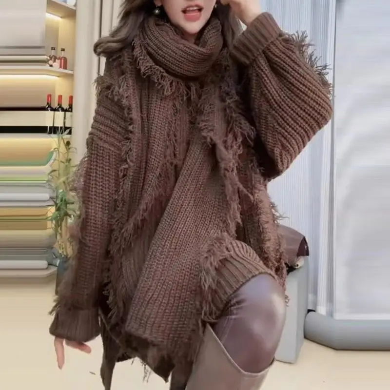 Baju sweter rajut wanita, pakaian jalanan ukuran besar dengan syal leher V kasual warna polos lengan panjang rumbai Chic pullover musim gugur musim dingin