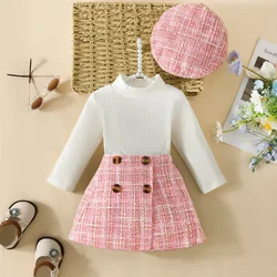 Infant Spring Autumn Long Sleeve Top andDress Set 6-18months Baby Girl Solid ColorTop Houndstooth Half Skirt Beret