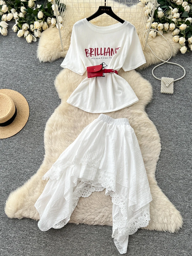 

Summer Fashion White Letter Print Top And Cake Skirt Set Women's Clothing Set Short Sleeve High Waist Slim Fit Commute Style