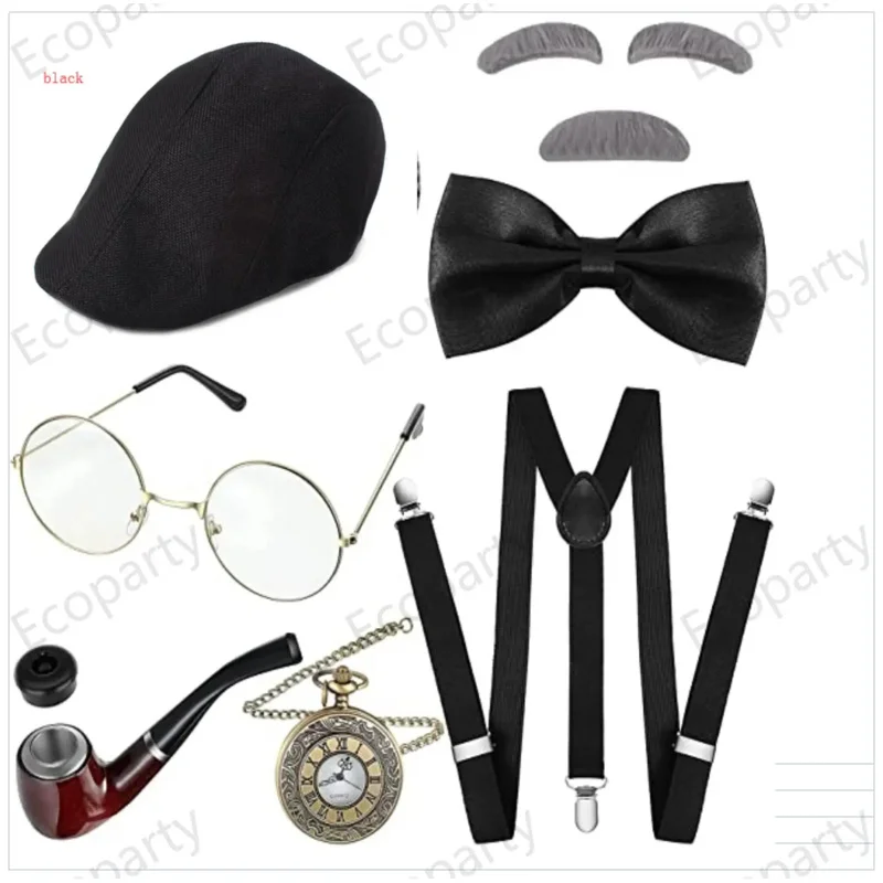 8 Pcs Old Man Costume 1920s Grandpa Accessories Set 100th Day of School Beret Hat Glasses Eyebrows Suspender Watch gangster  33