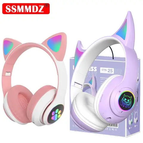 STN-28 Wireless Headset Devil's Horn V5.0 Bluetooth Headphones LED Flashing Light Leisure Earphones with HD Mic for Kids Gift