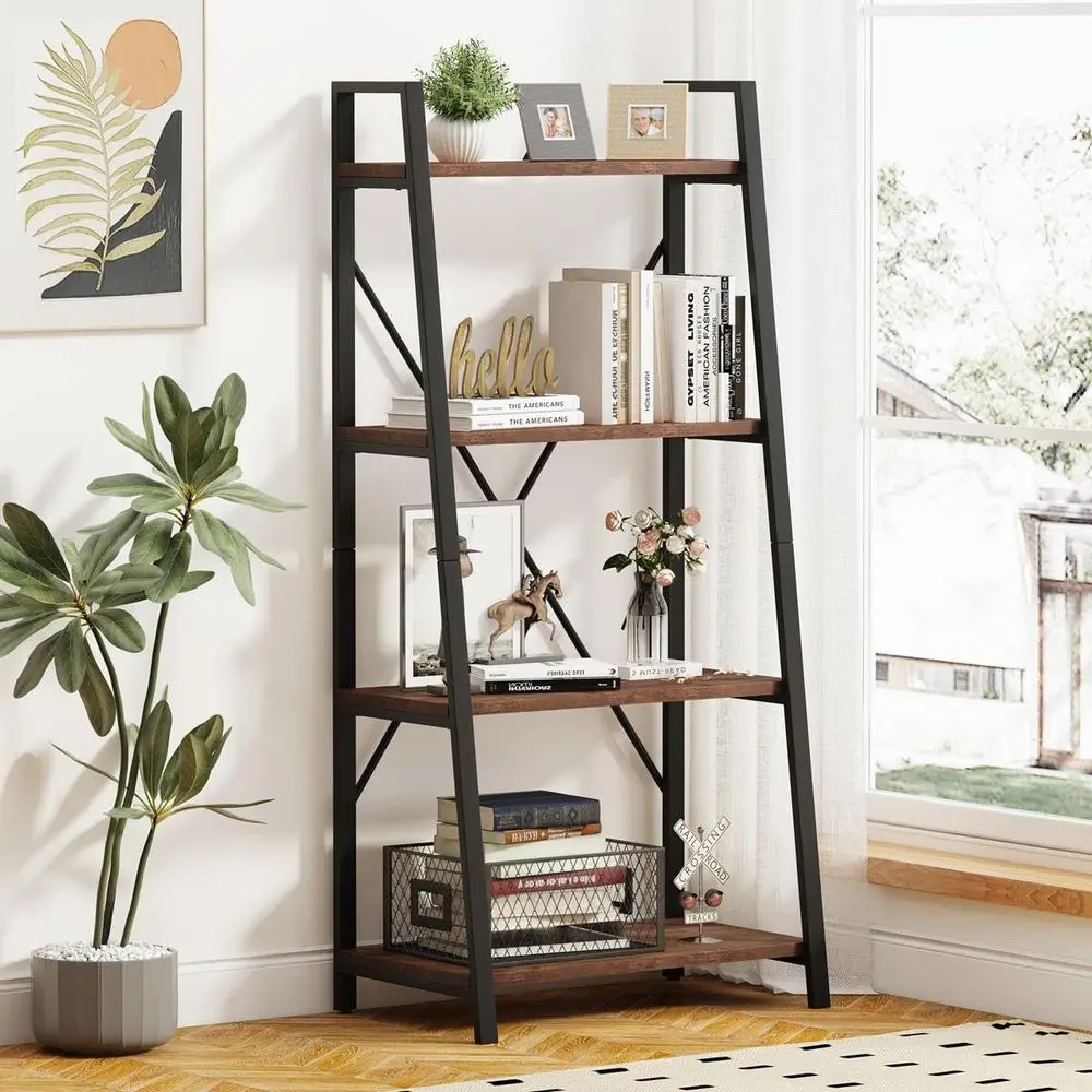 

Industrial Ladder Shel Bookcase, 4 Tier Rustic Ladder Bookshel, Standing Leaning Book Shelves or Living Room (Rustic Oak)