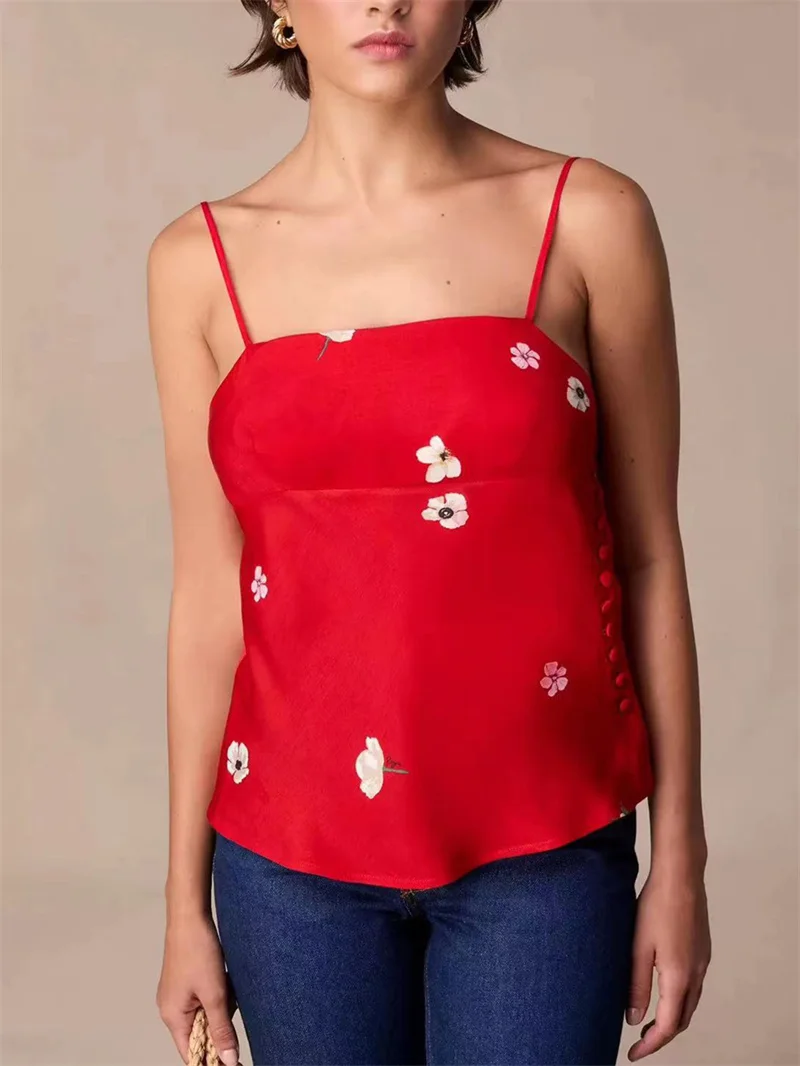 

Red Women Flower Print Sling Tops Summer New 2024 Single Breasted Sexy 100% Viscose Camis for Ladies