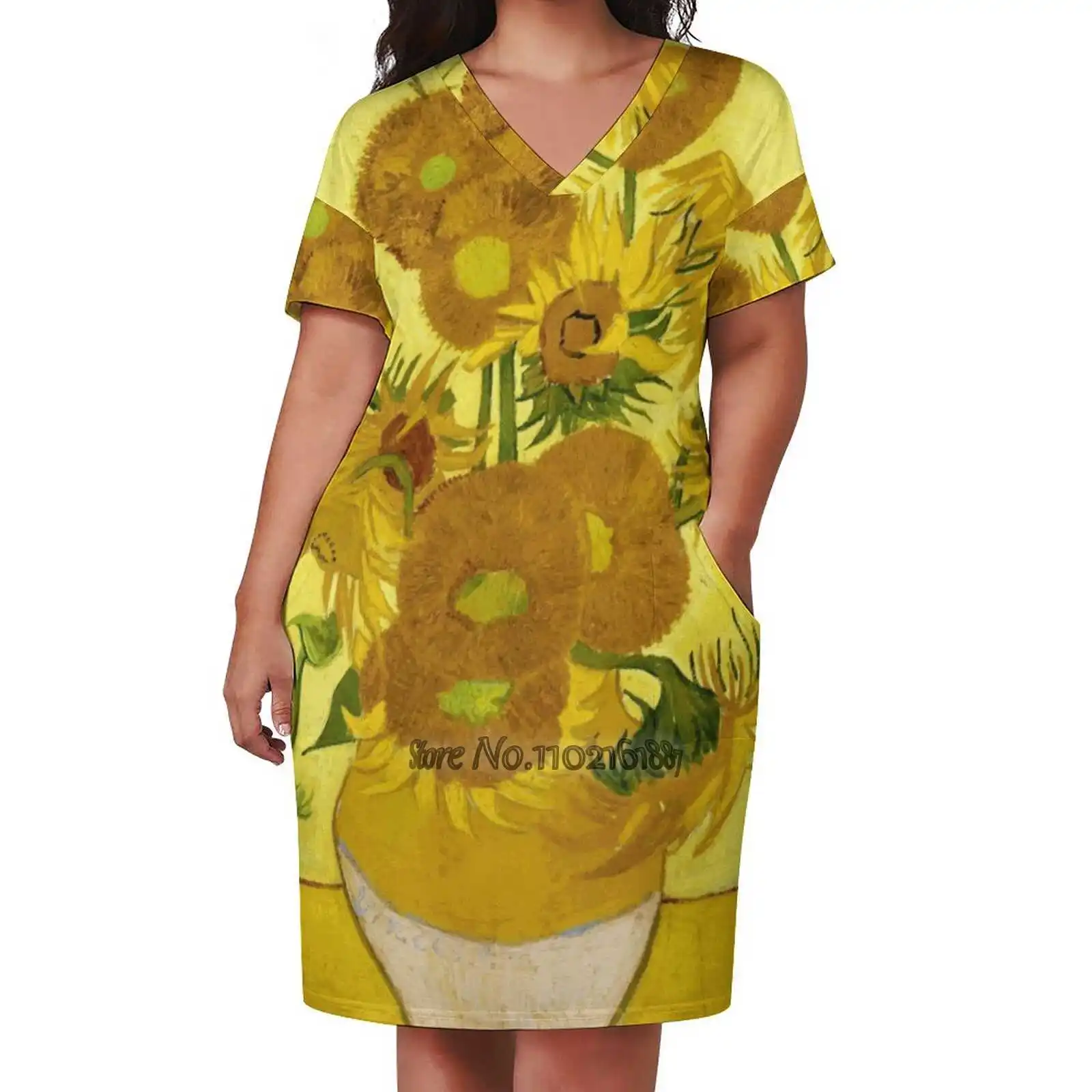 

Vincent Van Gogh - Still Life - Vase With Fifteen Sunflowers Elegant Fashion V-Neck A-Line Skirt Comfortable High Quality Women