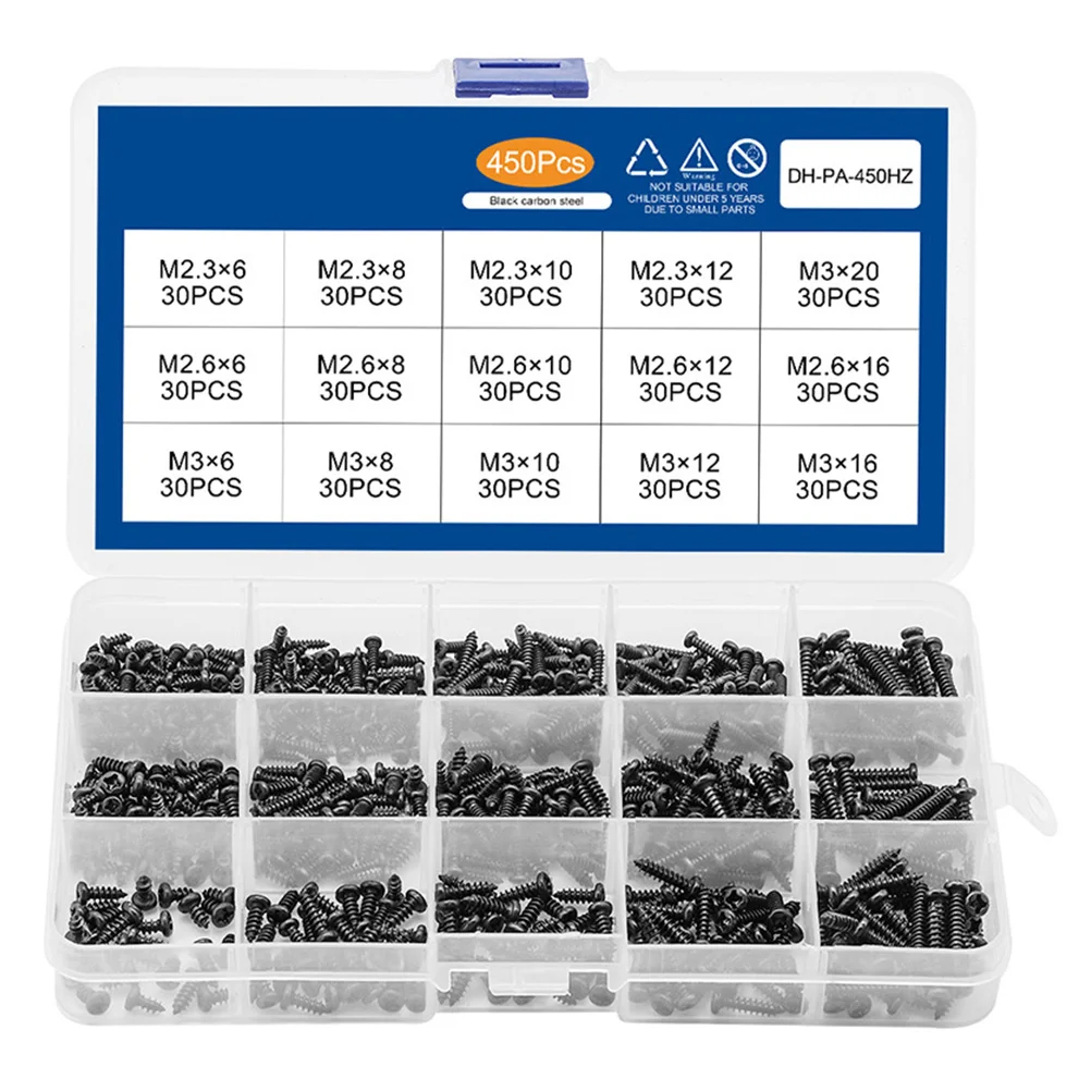 

450Pcs Cross Round Head Self Tapping Screws Black Carbon Steel Fixing Screws Set Durable Sturdy Multi Purpose Repair Use