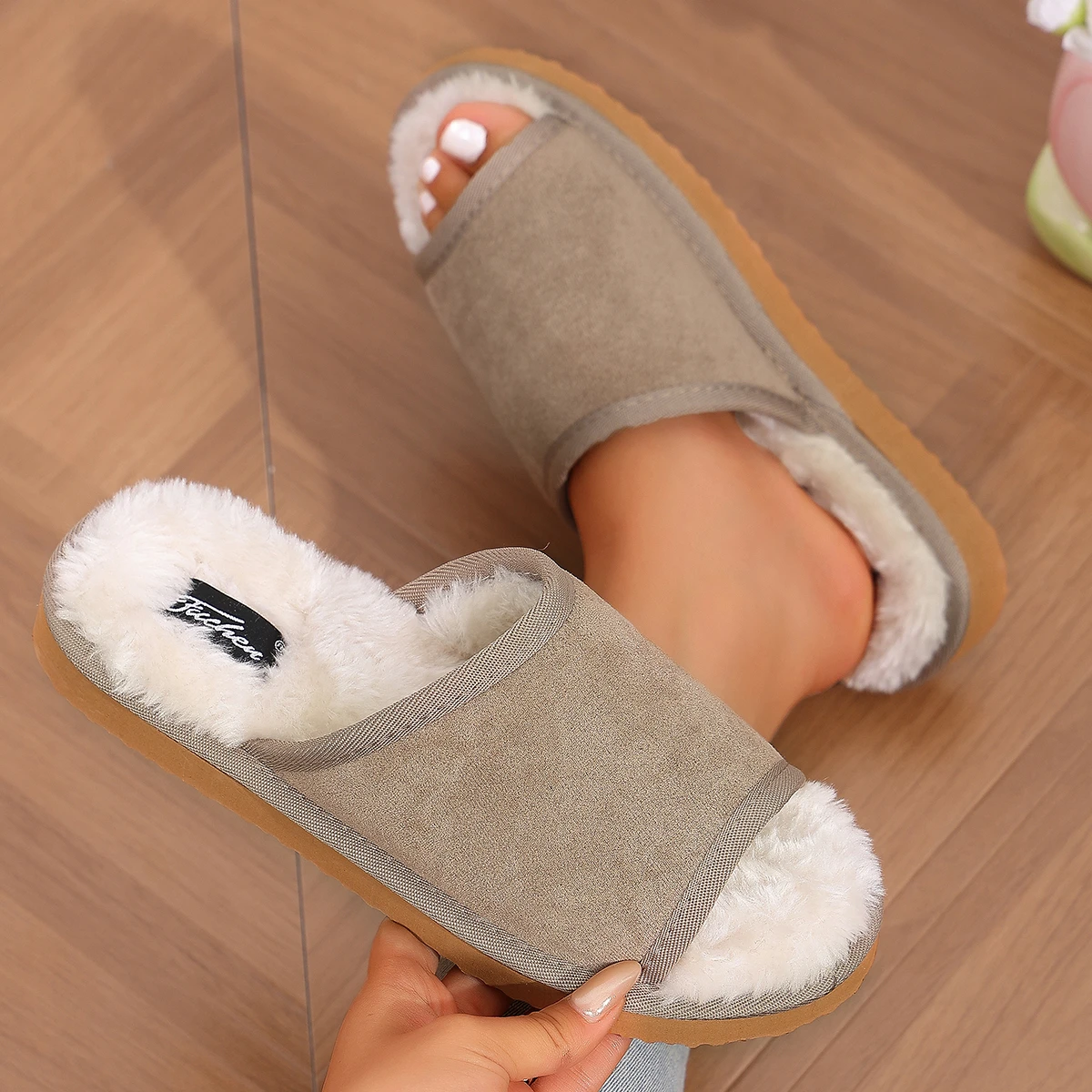 Women Open‑Toe One‑Strap Fuzzy Slide Slippers Plush Lining Soft Non‑Slip Sole Warm Winter Indoor Outdoor Casual Home Footwear view 6