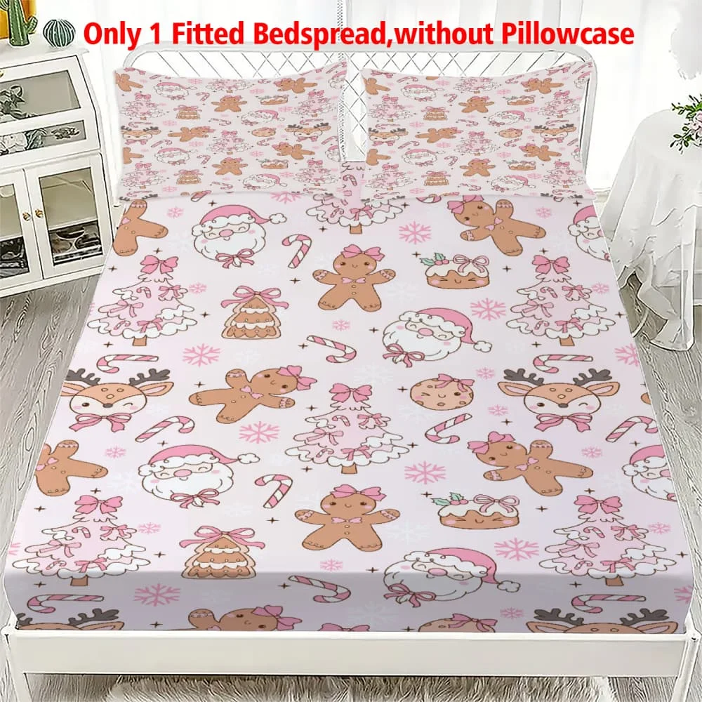 1 Stück Niedliches Rosa Weihnachts-Charakter-Print Spannbettlaken mit Tiefen Taschen Elastischer Matratzenbezug Einzel Doppel Queen King Schlafzimmer-Deko