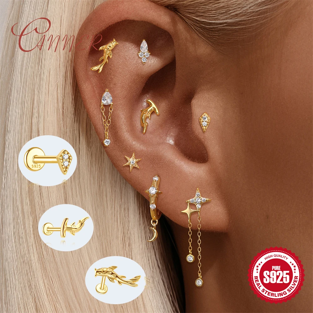 

Canner 925 Sterling Silver Animal shark/Star Tassel Stud Earring For Woman18K Gold Plate Flat Back Mini Piercing Party Jewelry