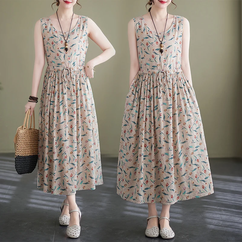 

Летнее новое платье большого размера из хлопка и льна с цветочным принтом, без рукавов, до колен, женское, с эластичной талией, А-силуэт