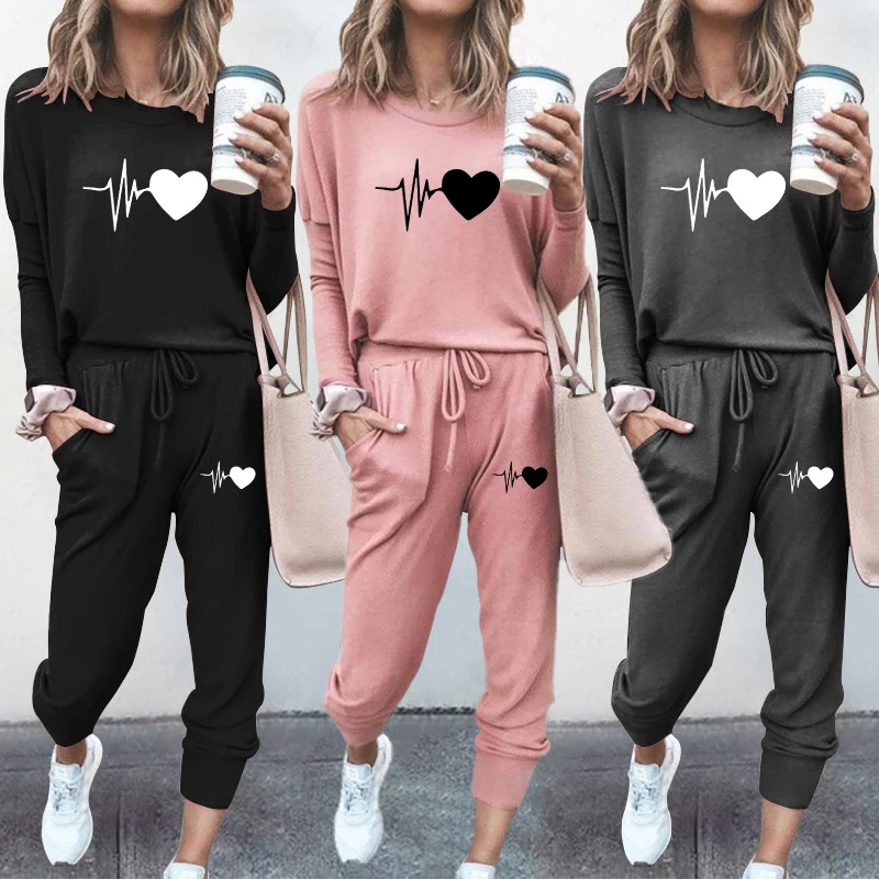 Hot Women\'s Fashion Women\'s Printed Solid 2 Piece Set Jogging Suit Casual Pullover Tracksuit Sportswear Long Pants Sweatshirts