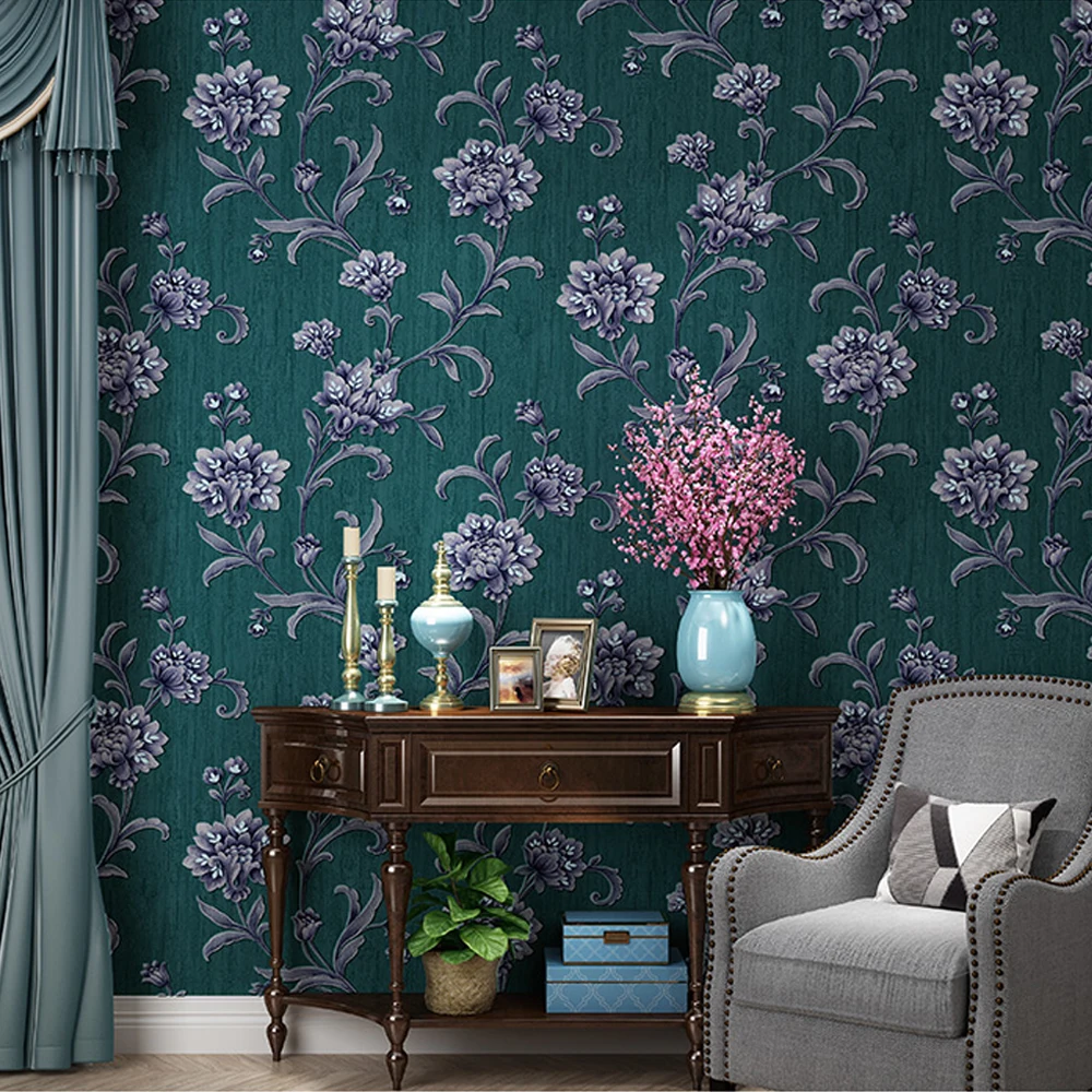 3D Embossed Vine Floral Wallpaper American Wallcovering Living Room Sofa Background Flower Wall Paper Mural Papel De Parede