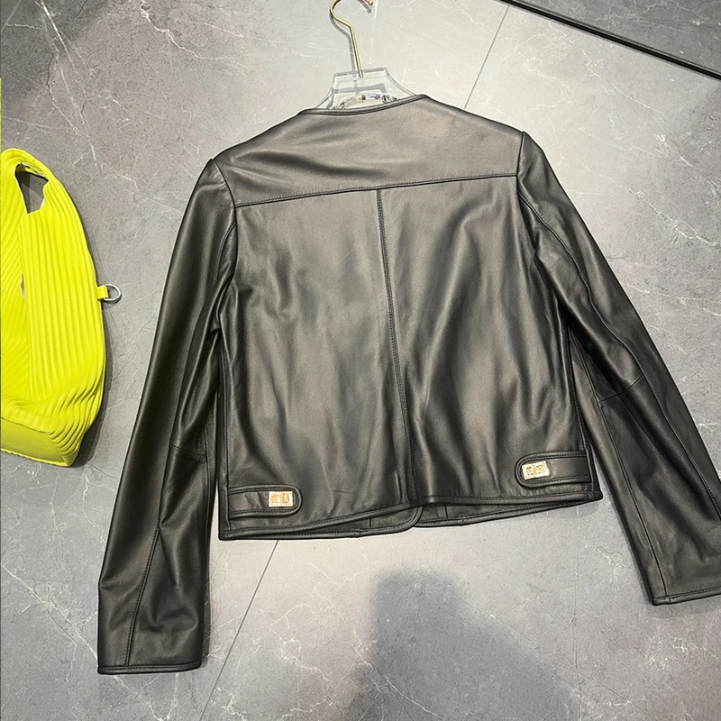 Hoge luxe lederen jas dames korte jas met enkele rij knopen chique dames O-hals lange mouw slanke schapenvacht jas uitloper