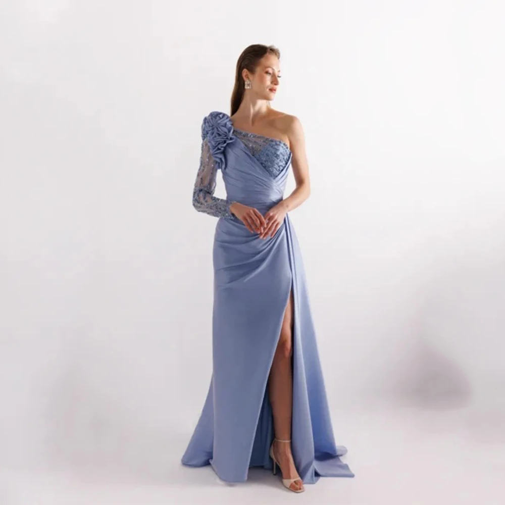 

Dream Sky Blue Classic Evening Dress Satin for Floor-Length One-Shoulder Prom Dress Beading Slit Vestidos De Fiesta Customized