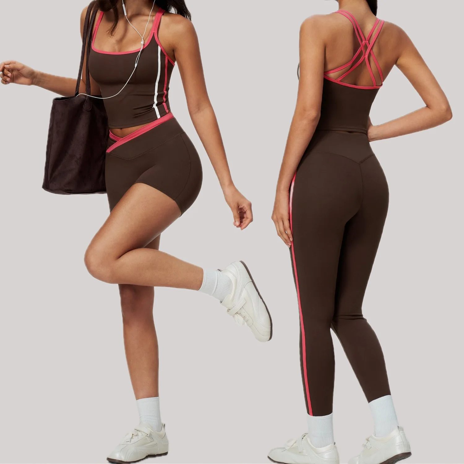 Contrast Color Yoga Set 2PCS Women Tracksuits Sports Vest High Waist Legging Shorts Set Breathable Female Gym Fitness Sportswear