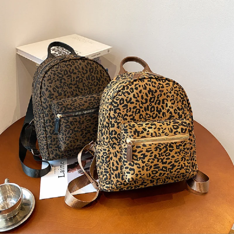 New Women\'s Korean Fashion Leopard Canvas Backpacks Large Capacity Casual Travel Shoulder Bags Totes School Bag Knapsack