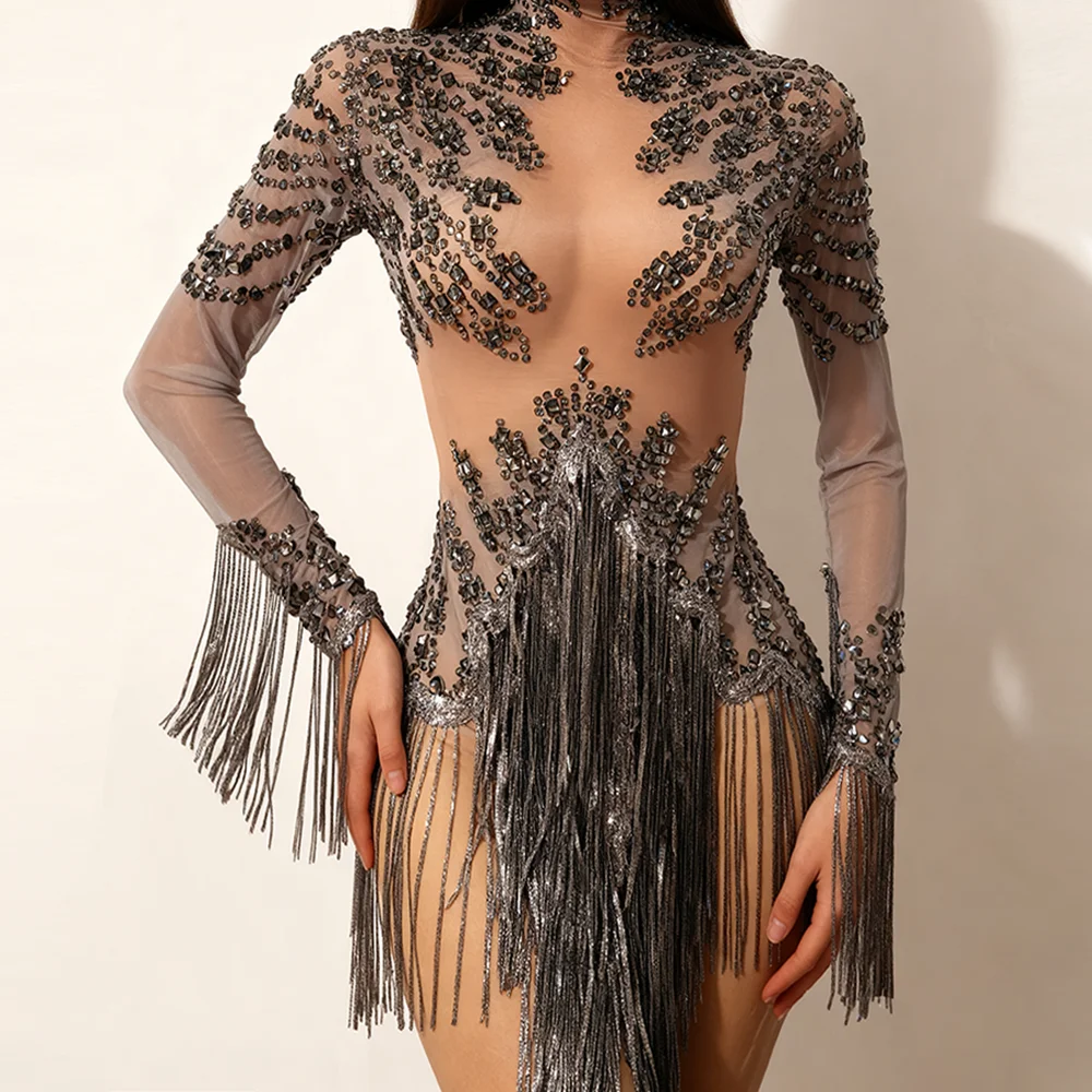 

Fashion Long Sleeves Crystal Tassel Night Club Party Prom Dress Women Stage Show Mini Dress Photoshoot Festival Dancer Costume