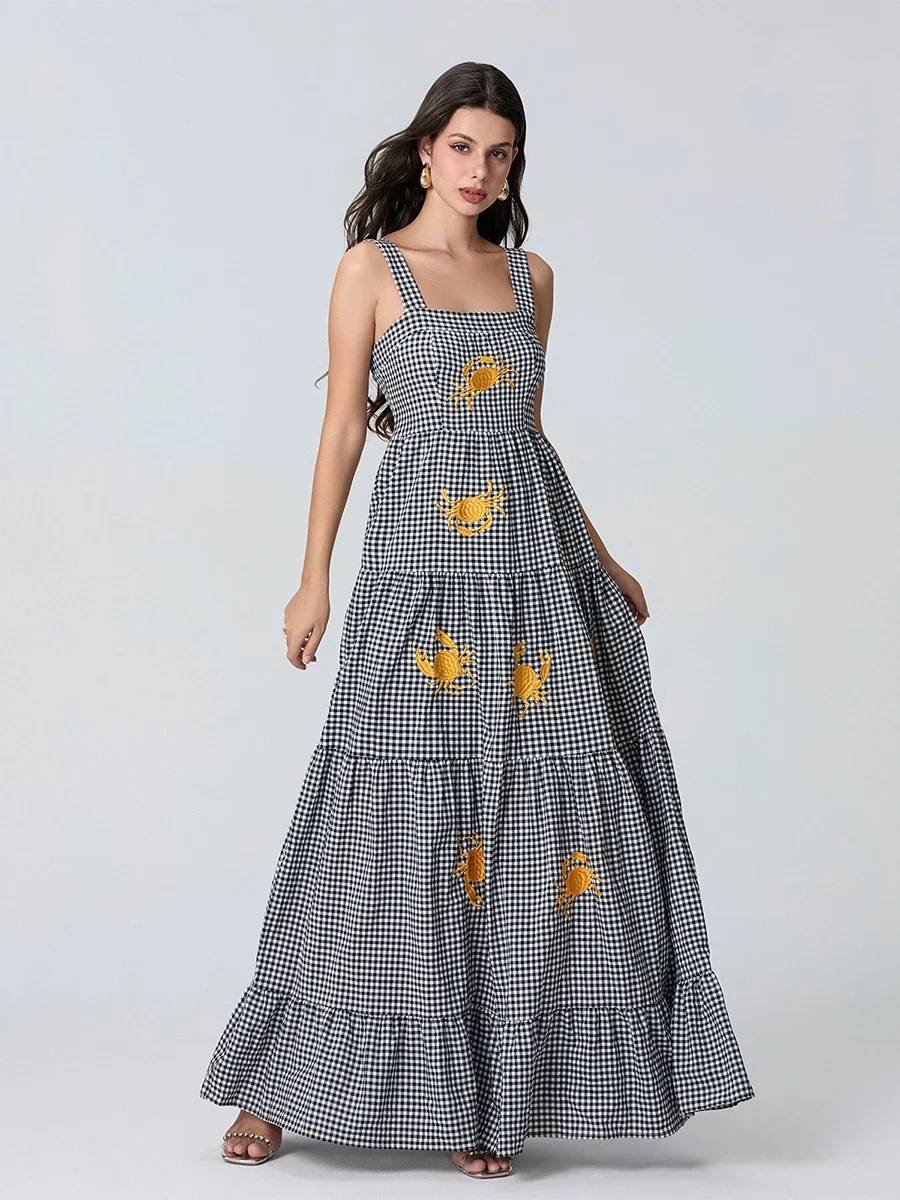 Nova moda feminina vestido de praia longo sem mangas pescoço quadrado bordado em camadas vestido midi deslizamento clube estilo rua venda quente