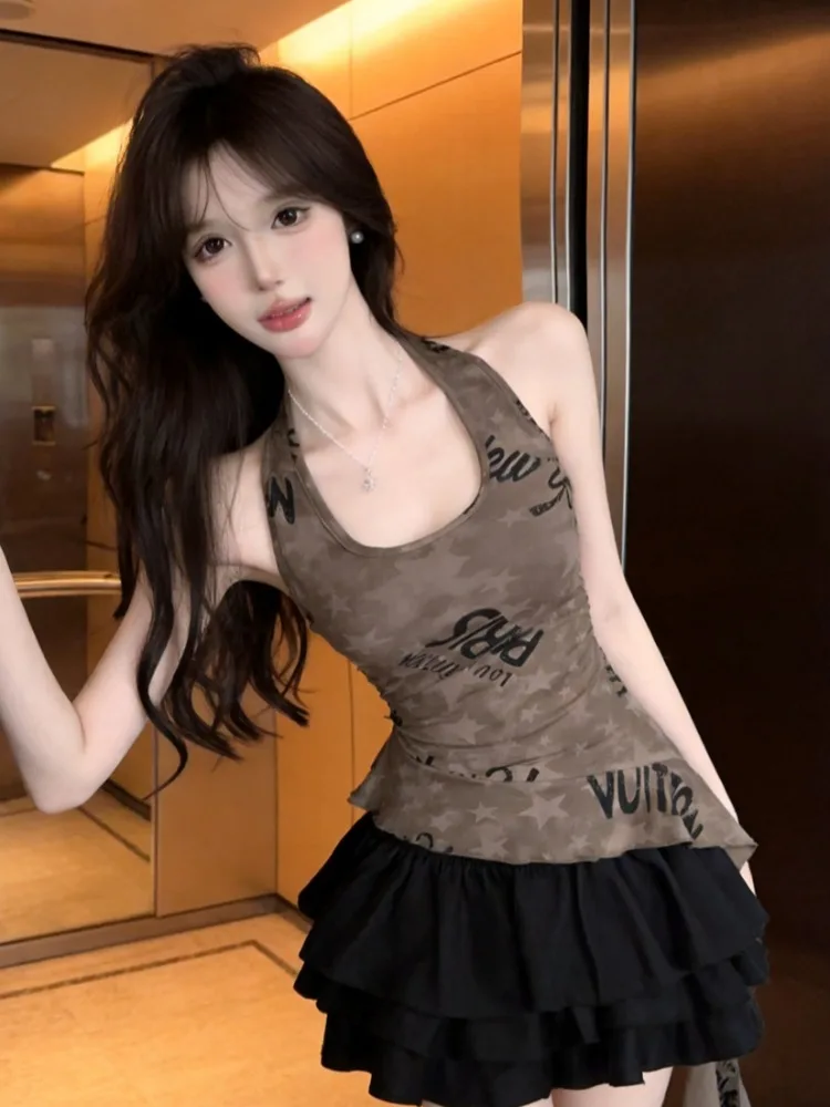 

American Retro Letter Print Asymmetrical Summer New Style Bell Sleeve Slim Fit Hanging Neck Strap Vest Women's Knitted Top
