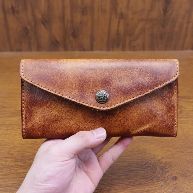 Women's Phone Long Wallet Vegetable Tanned Leather Distressed Large Capacity Clasp Closure Clutch Bag Men Genuine Leather Wallet