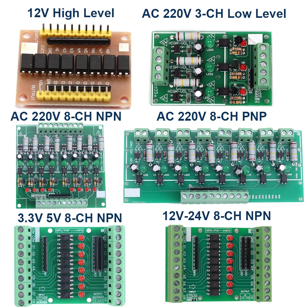 8 Channel Optocoupler Isolation Module Signal Voltage Converter PNP NPN Low High Level Output AC 110V 220V DC 3.3V 5V 12V 24V