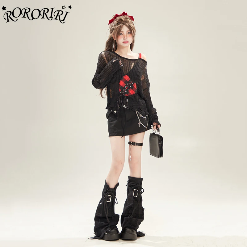 

RORORIRI Cross Patched Denim Leg Warmers Women Gothic Belted Solid Raw Edge Flare Knee Long Socks Boots Cover Grunge Y2k Clothes