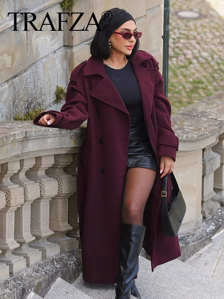 HH Women Elegant Burgundy Lapel Blend Maxi Overcoat Fashion Winter Double-Breasted Jacket with Belt Female Chic Trench Coat