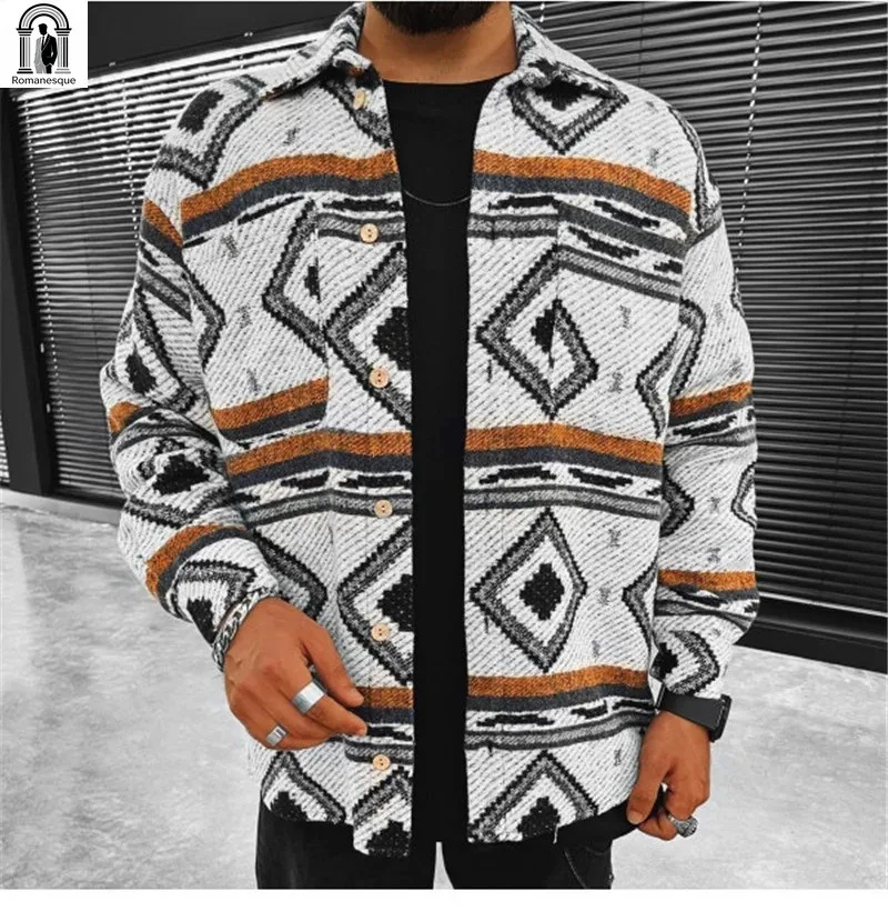 

Men's Aztec Geometric Print Shirt Jacket Thick Woolen Button Down Shacket Casual Long Sleeve Coat For Men Fall Winter Multi Colo