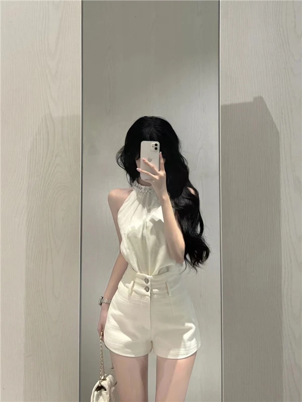 

Summer New Women's Set Neck Hanging Diamond Embroidery Shirt Strap Top Short Pants Two-Piece Set Luxury Style Polyester Fabric