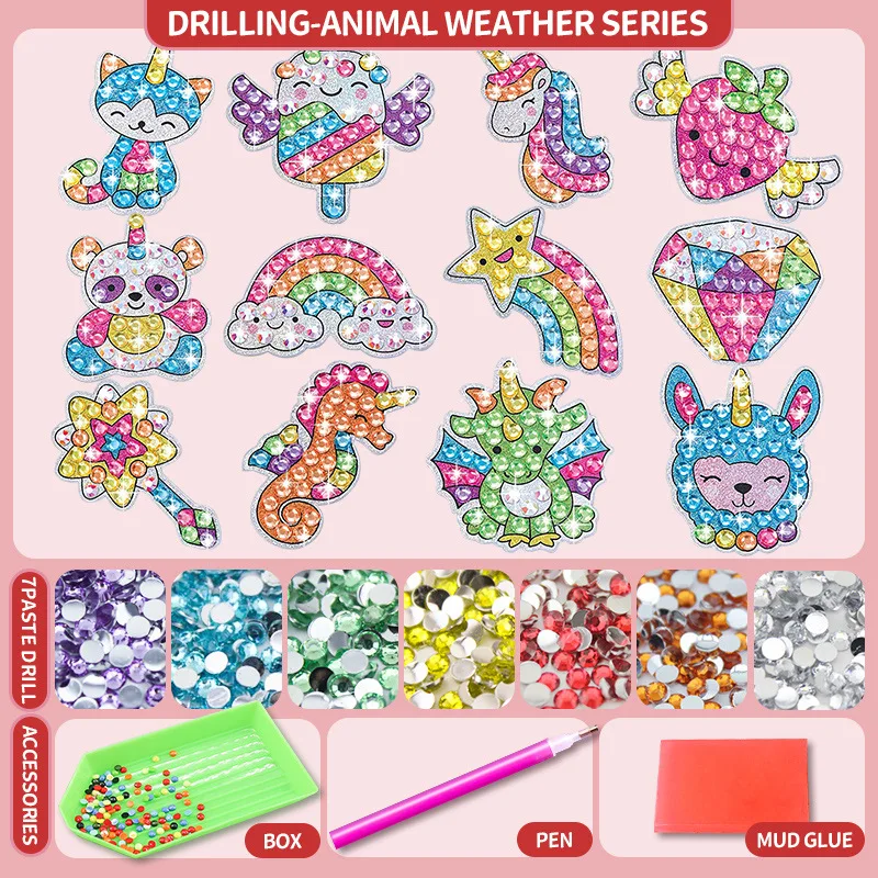 12/48Pcs Kids Diamond Painting Stickers Kits for Children Easy DIY Cartoon Stickers Diamond Painting by Numbers Art Crafts