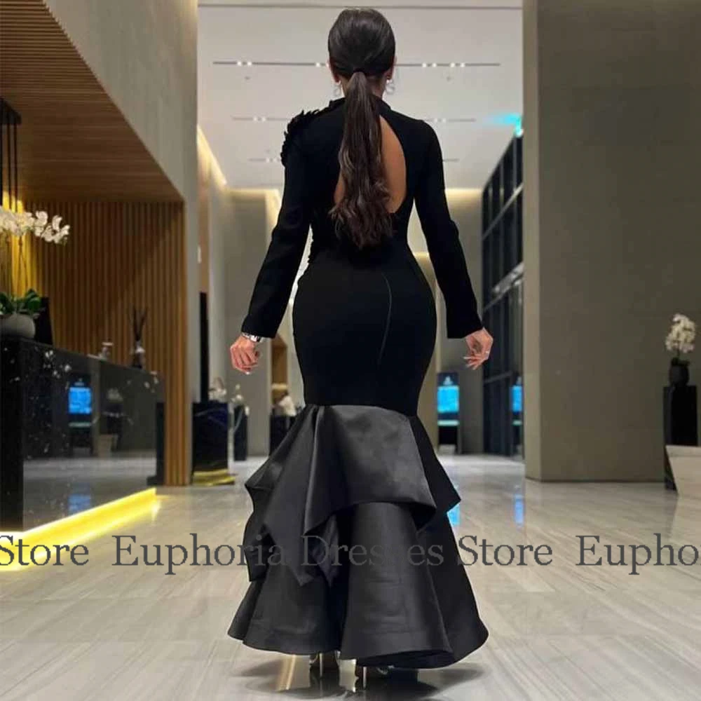 

Классические платья для особых случаев 2025 Джерси и атласные вечерние платья русалки Черная водолазка с открытой спиной и блестками Платье для выпускного вечера